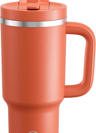 ENCOOL 32 oz Tumbler with Handle and Straw: Stainless Steel Insulated Tumbler Keeps Cold for 24 Hours, Leakproof Travel Cup Fits in Cup Holder and BPA-Free,Tawny Orange