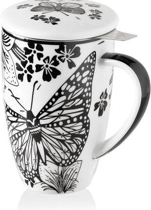 Sweejar Porcelain Tea Infuser Mug with Lid, 16 oz Teacup with Strainers for Loose Leaf Tea, Microwave and Dishwasher Safe Coffee Mug(Onyx Wing)