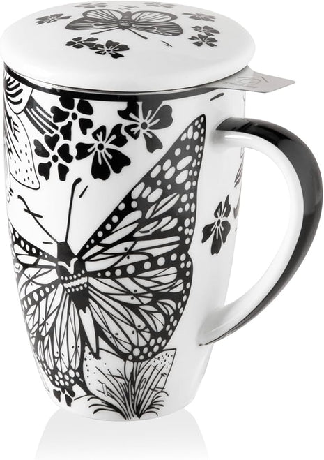 Sweejar Porcelain Tea Infuser Mug with Lid, 16 oz Teacup with Strainers for Loose Leaf Tea, Microwave and Dishwasher Safe Coffee Mug(Onyx Wing)