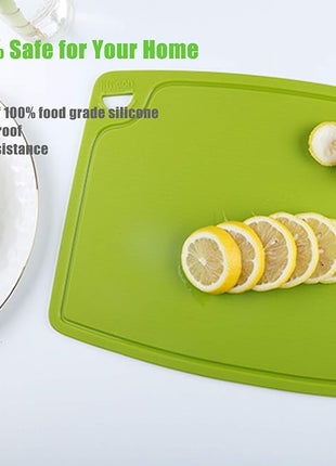Liflicon Thick Silicone Cutting Board 12.6'' x 9.1'' Juice Grooves Easy Grip Handle Dishwasher Safe-Green