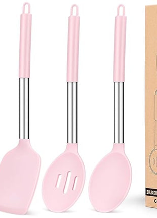 Pack of 4 Silicone Cooking Utensils Set, Non Stick Large Solid Spatulas, Heat Resistant Pink Slotted Spoons, Ideal BPA Free Kitchen Turners for Frying, Mixing,Serving,Draining,Turning,Stirring