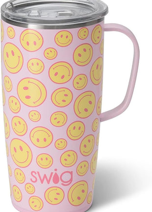Swig Life 22oz Travel Mug, Insulated Tumbler with Handle and Lid, Cup Holder Friendly, Dishwasher Safe, Stainless Steel, Travel Coffee Cup, Insulated Mug with Lid (Oh Happy Day)