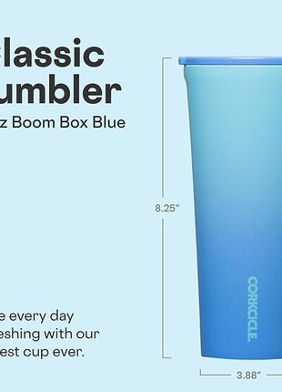 Corkcicle Classic Tumbler - Keeps Drinks Cold 9 Plus Hours - Triple Insulated Stainless Steel Drink Tumbler - Sliding Lid - Summer Drinkware Gift - Keeps Drinks Ice Cold - 24 oz - Boom Box Blue
