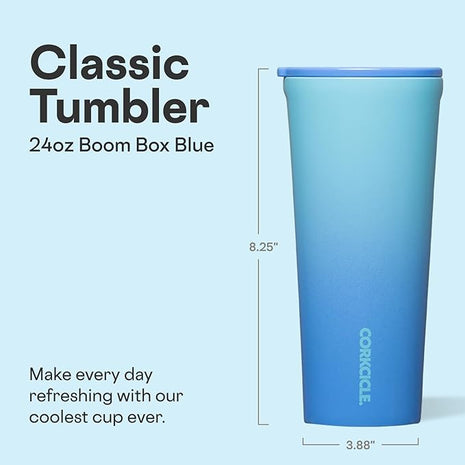 Corkcicle Classic Tumbler - Keeps Drinks Cold 9 Plus Hours - Triple Insulated Stainless Steel Drink Tumbler - Sliding Lid - Summer Drinkware Gift - Keeps Drinks Ice Cold - 24 oz - Boom Box Blue