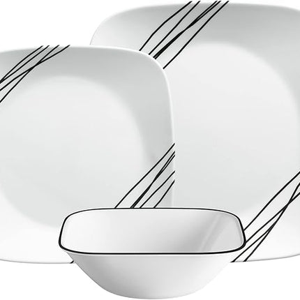 Corelle Dinnerware Set (12pc, Simple Sketch)-Dinner for 4 Includes x: Dinner Plates, Side & Bowls 3 X More Durable, Half The Space Weight of Ceramic up to 80% Recycled Glass, 1146920
