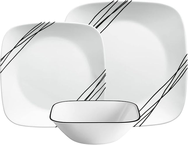 Corelle Dinnerware Set (12pc, Simple Sketch)-Dinner for 4 Includes x: Dinner Plates, Side & Bowls 3 X More Durable, Half The Space Weight of Ceramic up to 80% Recycled Glass, 1146920