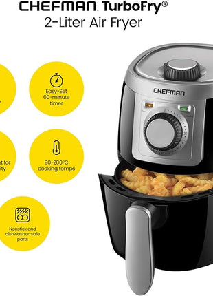 CHEFMAN Small, Compact Air Fryer Healthy Cooking, 2 Qt, Nonstick, User Friendly and Adjustable Temperature Control w/ 60 Minute Timer & Auto Shutoff, Dishwasher Safe Basket, BPA - Free, Black