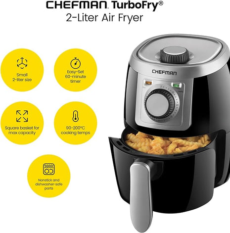 CHEFMAN Small, Compact Air Fryer Healthy Cooking, 2 Qt, Nonstick, User Friendly and Adjustable Temperature Control w/ 60 Minute Timer & Auto Shutoff, Dishwasher Safe Basket, BPA - Free, Black