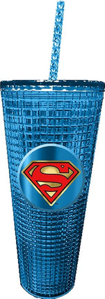 Spoontiques DC Comics Diamond Tumbler, 20oz - Textured Cup w/Staw, Double Wall Insulated, BPA Free - Superman