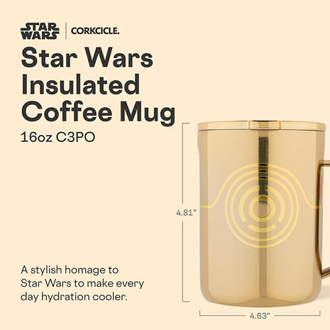 Corkcicle Classic Coffee Mug - Triple Insulated Stainless Steel for Travel - Shatter-Proof Lid - Keeps Drink Hot Over 3 Hours - Holiday Mug Gift - Great for Gifting Warmth - 16 oz - C-3PO