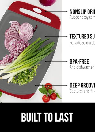 GORILLA GRIP BPA-Free Reversible Kitchen Cutting Board Set of 3, US Designed, Nonporous, Juice Grooves Catch Liquid, Slip Resistant Border, Dishwasher Safe, Durable Large Food Chopping Boards Red Gray