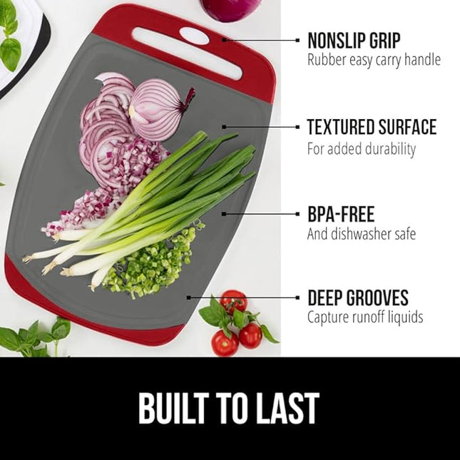 GORILLA GRIP BPA-Free Reversible Kitchen Cutting Board Set of 3, US Designed, Nonporous, Juice Grooves Catch Liquid, Slip Resistant Border, Dishwasher Safe, Durable Large Food Chopping Boards Red Gray