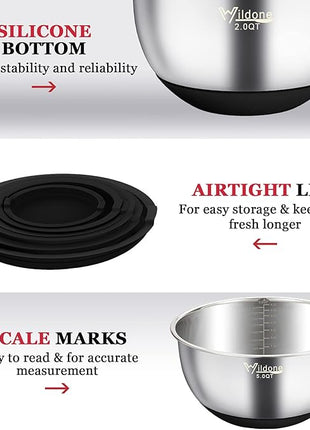 Wildone Mixing Bowls with Airtight Lids, 22 PCS Stainless Steel Nesting Bowls, with 3 Grater Attachments, Scale Marks & Non-Slip Bottom, Size 5, 4, 3, 2,1.5, 0.63QT, Ideal for Mixing & Prepping