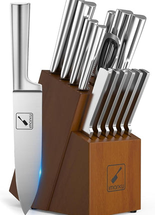 Knife Set - imarku Kitchen Knife Set 15 Piece Japanese Stainless Steel Knife Block Set with Sharpener - Dishwasher Safe Kitchen Knives - Ultra Sharp Chef Knife Set for Kitchen, Silver