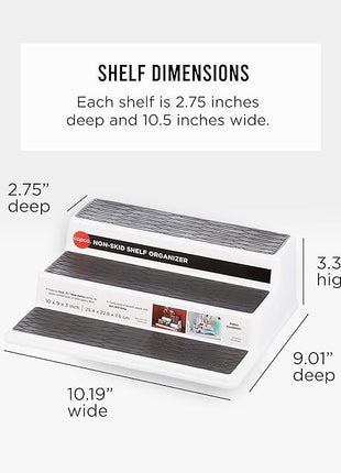 Copco 3-Tier Spice Rack Organizer for Cabinet or Pantry, 10-Inch Non-Skid Tiered Shelf, White/Gray Design Holds Spice Jars, Cans, and Bottles