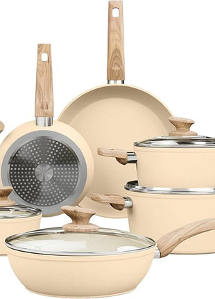 Kitchen Academy Induction Pots and Pans Set Non Stick - 12 Pieces Nonstick Kitchen Cookware Set, Granite Cooking Set Pots and Pans, Beige
