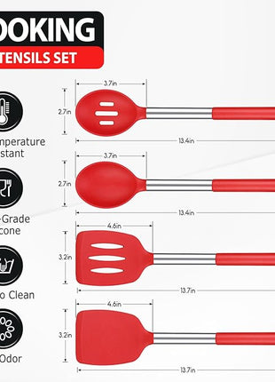 Pack of 4 Large Silicone Cooking Spatulas and Spoons, Slotted and Solid Stainless Steel Cooking Utensils Set, Non-stick Heat Resistant Kitchen for Baking, Fried, Stir-Fry, Mixing, Serving (Red)