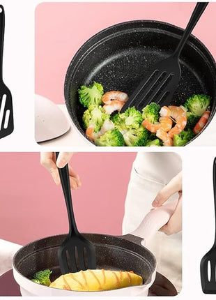 Silicone Spatula Turner Set, 2PCS Heat-Resistant Non-Stick Fish Slotted Spatula Kitchen Utensil Set for Cooking, Baking and Mixing, BPA Free & Dishwasher Safe (Black)