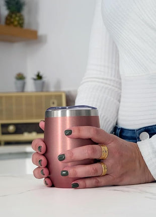 CHILLOUT LIFE 12 oz Stainless Steel Wine Tumbler with Lid - Double Wall Vacuum Insulated Wine Cup Glass Keeping Cold & Hot for Coffee, Champagne, Cocktails, Ice Cream - Rose Gold