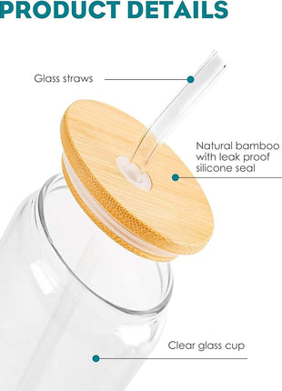 Drinking Glasses with Bamboo Lids and Glass Straw 8PCS Set, 16oz Glass Cups with Lids and Straws, Beer, Iced Coffee Glasses, Soda, Gift 2 Cleaning Brushes