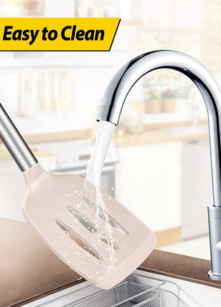 Pack of 2 Silicone Solid Turner, Non Stick Slotted Kitchen Spatulas, High Heat Resistant BPA Free Cooking Utensils, Ideal Cookware for Fish, Eggs, Pancakes(Stainless Steel Khaki)