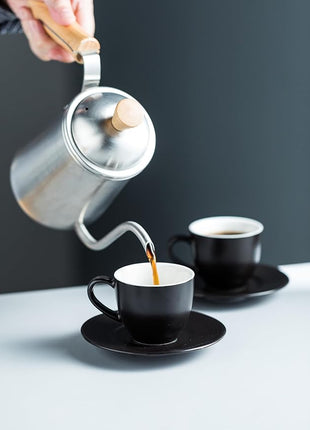 YHOSSEUN 3 Ounces Espresso Cups with Saucers Set, Porcelain Latte Cups and Metal Stand Demitasse Cups for Espresso, Latte, Cafe Mocha, Cappuccino and Tea, Set of 6, Black