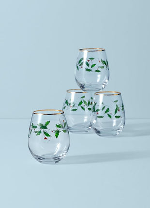 Lenox 888202 Holiday 4-Piece Stemless Wine Glasses, Christmas Drinkware Set, Hosting