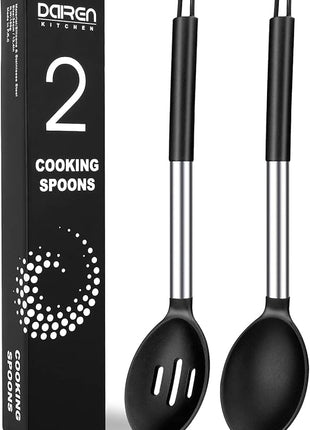 Pack of 2 Large Silicone Cooking Spoons, Non-Stick Stainless Steel Slotted and Solid Spoon Set for Serving, Mixing, Draining, Heat Resistant, Scratch Resistant and BPA Free Kitchen Scoops (Black)