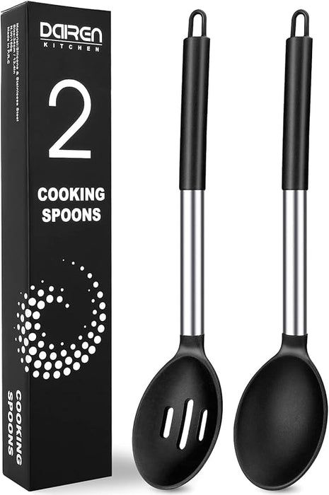 Pack of 2 Large Silicone Cooking Spoons, Non-Stick Stainless Steel Slotted and Solid Spoon Set for Serving, Mixing, Draining, Heat Resistant, Scratch Resistant and BPA Free Kitchen Scoops (Black)
