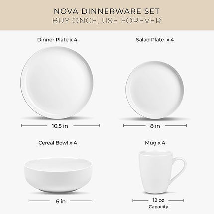 Zulay Kitchen Nova Porcelain Dinnerware Set, Service For 4 - Chip & Scratch Resistant White Plates And Bowls Sets - Microwave & Dishwasher Safe - White