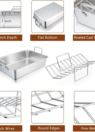 P&P CHEF 14" Roaster Roasting Pan with Baking Rack and V-shaped Rack, Stainless Steel Rectangular Lasagna Pan with Handles for Turkey Chicken, Healthy & Dishwasher Safe, 3 Pieces, Silver