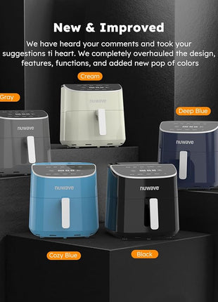 Nuwave Brio Plus 8 Qt Air Fryer, PFAS Free, New & Improved, Digital Touch Screen, Cool White Display, 50°F~400°F in Precise 5°, 5 Cook Functions, 100 Presets & 50 Memory, 3 Wattages 700, 1500, 1800