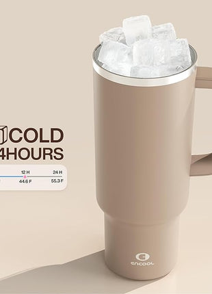 ENCOOL 40 oz Tumbler with Handle and Straw: Stainless Steel Insulated Tumbler Keeps Cold for 24 Hours, Leakproof Travel Cup Fits in Cup Holder and BPA-Free,Raw Umber