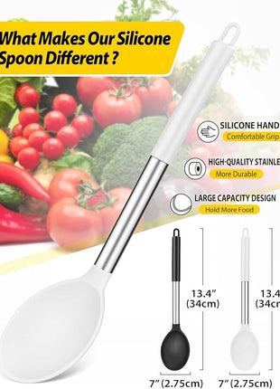 Pack of 2 Large Silicone Cooking Spoon Non Stick Solid Basting Spoons Heat-Resistant Kitchen Utensils for Mixing Serving (Black-White)