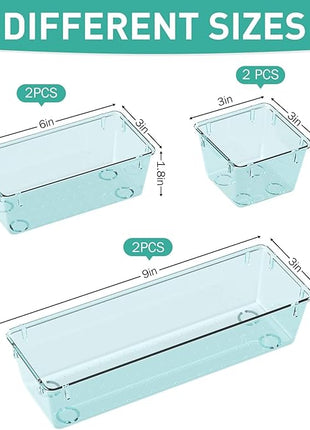 WOWBOX 6 Pack Clear Drawer Organizer Set, Acrylic Drawer Storage Trays, Storage Bins for Makeup, Cosmetics, Jewelries, Utensils, Gadgets, Office, Sea Blue