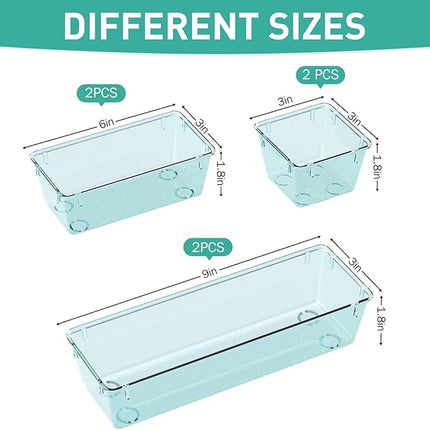 WOWBOX 6 Pack Clear Drawer Organizer Set, Acrylic Drawer Storage Trays, Storage Bins for Makeup, Cosmetics, Jewelries, Utensils, Gadgets, Office, Sea Blue