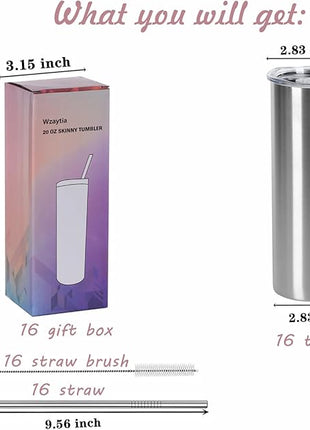 16 Pack 20 Oz Straight Skinny Tumblers,Individually Gift Boxed Stainless Steel Slim Skinny Tumbler Set Bulk, 20 Oz Insulated Slim Thin Travel Tumbler Cup for Diy, Silver