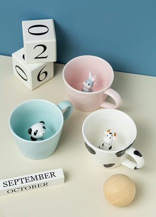 DIHOclub Cow Ceramic Cup Hidden 3D Animal Inside Mug,Cute Cartoon Handmade Figurine Mugs,Holiday and Birthday Gift for Coffee Milk Tea Lovers,12 OZ(White,Black)