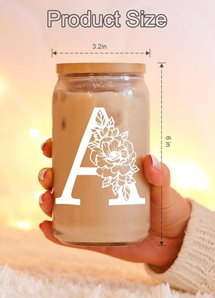 Coolife Initial Glass Cup, Monogrammed Gifts for Women, 16 oz Glass Cups w/Lids Straws, Iced Coffee Smoothie Beer Tumbler w/Straw Lid - Personalized Christmas, Birthday Gifts for Her Mom Friend Woman