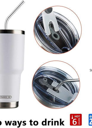 D·S 30oz White Tumbler Stainless Steel Double Wall Vacuum Insulated Mug with Straw and Lid, Cleaning Brush for Cold and Hot Beverages (30oz White)
