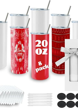 8 Pack Straight Sublimation Tumblers bulk 20 oz Skinny,Stainless Steel Double Wall Insulated Tumbler Cups Blank White with Lid, Straw, Individually Boxed,Polymer Coating for Heat Transfer