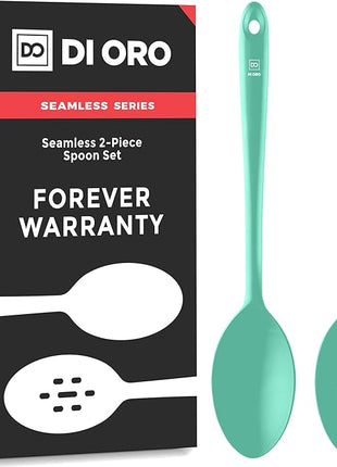 DI ORO Silicone Spoons for Cooking - Large Kitchen Spoons for Mixing, Serving, & Stirring - 600°F Heat-Resistant Non Stick Utensils – Big Solid & Slotted Basting Spoons - Dishwasher Safe (2pc, Mint)