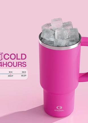 ENCOOL 32 oz Tumbler with Handle and Straw: Stainless Steel Insulated Tumbler Keeps Cold for 24 Hours, Leakproof Travel Cup Fits in Cup Holder and BPA-Free,Persian Rose
