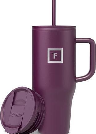 IRON °FLASK Co-Pilot Insulated Mug w/Straw & Flip Cap Lids - Cup Holder Bottle for Hot, Cold Drink - Leak-Proof - Water, Coffee Portable Travel Mug - Burgundy, 32 Oz