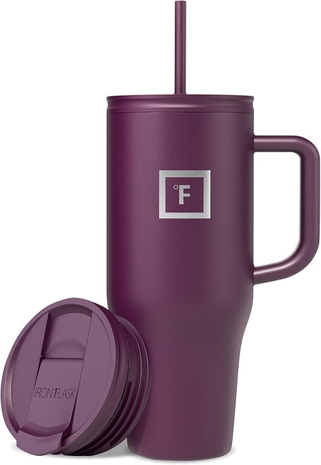 IRON °FLASK Co-Pilot Insulated Mug w/Straw & Flip Cap Lids - Cup Holder Bottle for Hot, Cold Drink - Leak-Proof - Water, Coffee Portable Travel Mug - Burgundy, 32 Oz