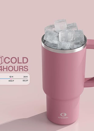 ENCOOL 32 oz Tumbler with Handle and Straw: Stainless Steel Insulated Tumbler Keeps Cold for 24 Hours, Leakproof Travel Cup Fits in Cup Holder and BPA-Free,Turkish Rose