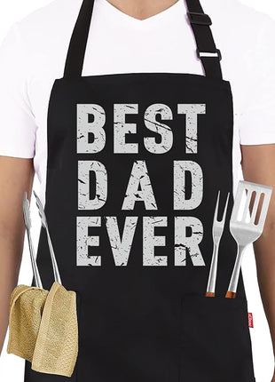 BBQ Funny Apron for Men - Best Dad Ever - Chef Bib Apron with 2 Pockets, Adjustable Neck Strap and 40" Long Ties - Best for Kitchen Cooking, Grilling, Baking, Gardening - Black
