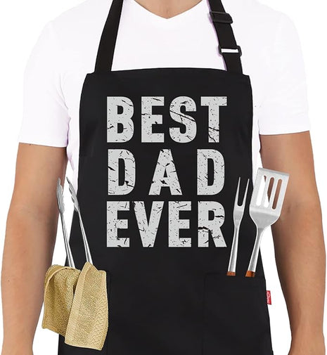BBQ Funny Apron for Men - Best Dad Ever - Chef Bib Apron with 2 Pockets, Adjustable Neck Strap and 40" Long Ties - Best for Kitchen Cooking, Grilling, Baking, Gardening - Black