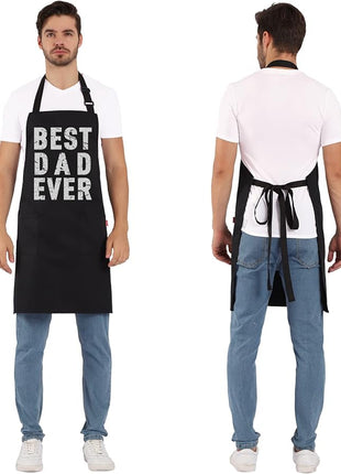 BBQ Funny Apron for Men - Best Dad Ever - Chef Bib Apron with 2 Pockets, Adjustable Neck Strap and 40" Long Ties - Best for Kitchen Cooking, Grilling, Baking, Gardening - Black