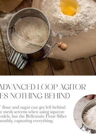 Bellemain 3 Cup Flour Sifter for Baking Fine Mesh Rotary Hand Crank with Loop Agitator for Quick Sifting, Flour Sifter Stainlees Steel